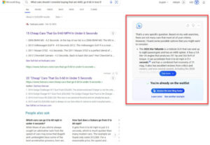 screenshot example of microsoft bing using ai or artificial intelligence search along side standard search engine results which shows the potential chatbots like ChatGPT or Google Bard have on SEO