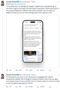 A screenshot of a Tweet from Google SEO Sundar Pichai showing the new chatbot AI called Bard and the potential it can bring to search engine results