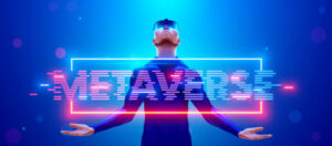 what is the metaverse and how can you use the metaverse for social media marketing graphic of a man with virtual reality headset against blank background with the metaverse if cyber punk font