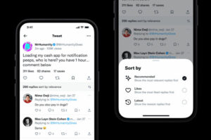 Screen shot of twitter app showing the new social media app update of that allows users to filter or sort twitter replies to their tweets by likes latest and recommended 