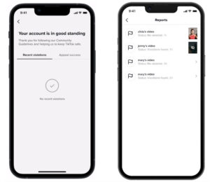 social media app update tiktok changes account violations to three strikes and allows tiktok users to see the standing of their account screenshot of the app showing good standing and a screen shot of the showing reports the user has made