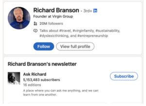 screenshot of the linkedin website showing an example of a user newsletter being suggested when searched for the user is richard branson and his newsltetter ask richard 
