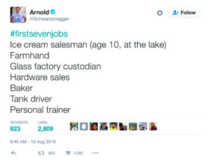 screenshot pf a tweet from Arnold Schwarzeneggger about his first seven jobs where other people share their first jobs which is an example of a password harvester ways to protection your twitter account now that text message and sms verification is paid for on twitter blue